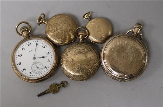 Five assorted gold plated pocket watches.